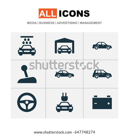 Auto Icons Set. Collection Of Transport Cleaning, Plug, Drive Control And Other Elements. Also Includes Symbols Such As Gear, Garage, Crossover.