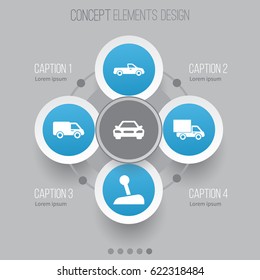 Auto Icons Set. Collection Of Truck, Lorry, Carriage And Other Elements. Also Includes Symbols Such As Gear, Van, Car.