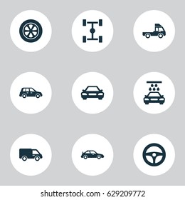 Auto Icons Set. Collection Of Truck, Wheelbase, Crossover And Other Elements. Also Includes Symbols Such As Wheel, Water, Control.