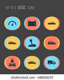 Auto Icons Set. Collection Of Truck, Crossover, Accumulator And Other Elements. Also Includes Symbols Such As Gear, Battery, Car.