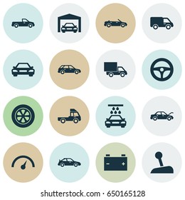 Auto Icons Set. Collection Of Van, Repairing, Auto And Other Elements. Also Includes Symbols Such As Battery, Carriage, Van.