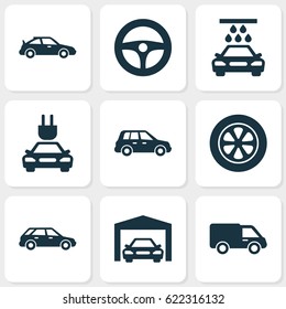 Auto Icons Set. Collection Of Wheel, Car, Repairing And Other Elements. Also Includes Symbols Such As Crossover, Lorry, Garage.