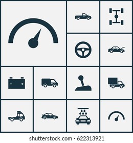 Auto Icons Set. Collection Of Wheelbase, Stick, Transport Cleaning And Other Elements. Also Includes Symbols Such As Hood, Accumulator, Gear.