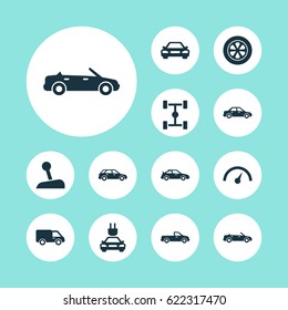 Auto Icons Set. Collection Of Wheelbase, Convertible Model, Hatchback And Other Elements. Also Includes Symbols Such As Carriage, Automobile, Wheel.