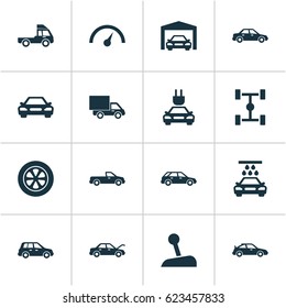 Auto Icons Set. Collection Of Wheelbase, Carriage, Auto And Other Elements. Also Includes Symbols Such As Van, Plug, Speedometer.