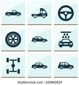 Auto Icons Set. Collection Of Wheelbase, Car, Van And Other Elements. Also Includes Symbols Such As Car, Carriage, Sedan.