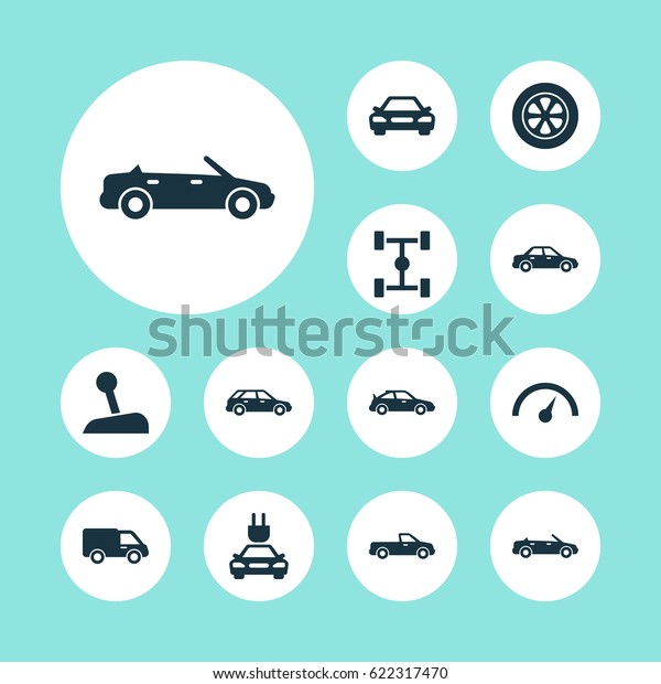 Auto Icons Set. Collection Of\
Wheelbase, Convertible Model, Hatchback And Other Elements. Also\
Includes Symbols Such As Carriage, Automobile,\
Wheel.