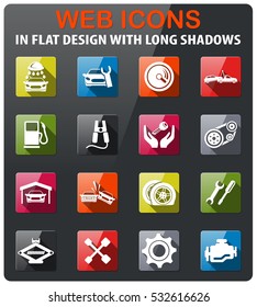 Auto icons set in flat design with long shadow