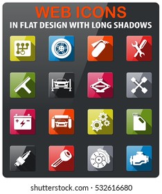 Auto icons set in flat design with long shadow
