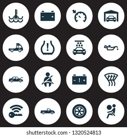 Auto icons set with garage, airbag, windscreen defrost and other transport cleaning elements. Isolated vector illustration auto icons.