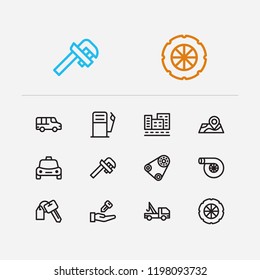 Auto icons set. Gas station and auto icons with cab, city street and car turbo. Set of entry for web app logo UI design.