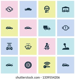 Auto icons set with gear lever, seat belt not on, handbrake warning hatchback elements. Isolated vector illustration auto icons.