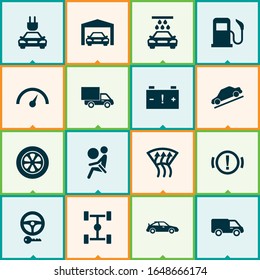 Auto icons set with handbrake warning, garage, van control elements. Isolated vector illustration auto icons.