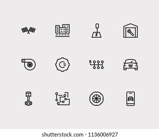 Auto icons set. Logistic and auto icons with auto car, garage and car turbo. Set of building for web app logo UI design.