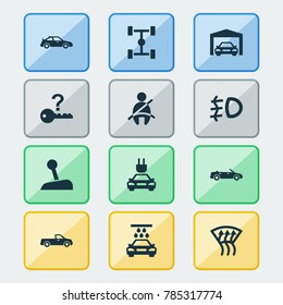 Auto icons set with plug, carriage, wheelbase and other carriage elements. Isolated vector illustration auto icons.