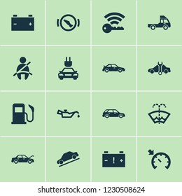 Auto icons set with seat belt not on, cruise control on, stop and other press brake pedal elements. Isolated vector illustration auto icons.