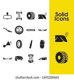 Auto icons set with step bumper, monster car tyre and car exhaust elements. Set of auto icons and measurement concept. Editable vector elements for logo app UI design.