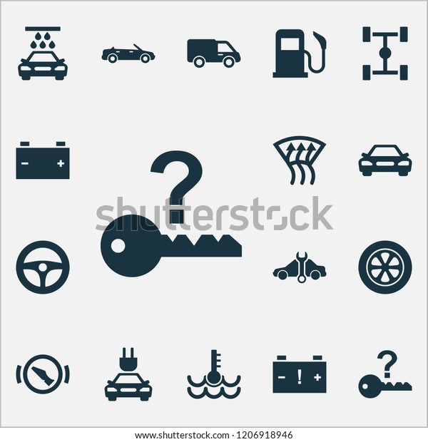 Auto icons set with temperature, chassis, caution
and other press brake pedal elements. Isolated vector illustration
auto icons.