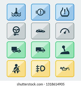 Auto icons set with van, key, temperature and other warning elements. Isolated vector illustration auto icons.