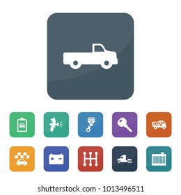 Auto icons. vector collection filled auto icons such as pickup, paint spray gun, car battery, car key, mechanical transmission, piston, taxi, truck