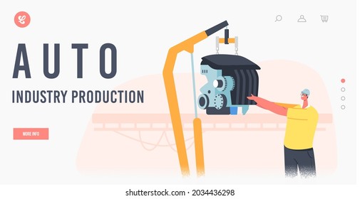 Auto Industry Production Landing Page Template. Factory Worker Male Character Managing Assembly Process Setup Vehicle Part On Car Production Line, Automated Manufacture. Cartoon Vector Illustration