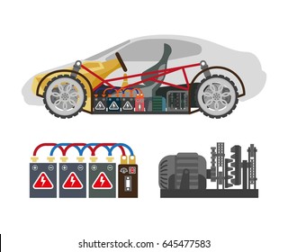 Auto inside construction scheme and its components on white