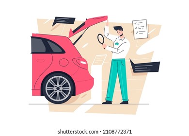 Auto inspection, car diagnostics or garage repair service vector illustration. Vehicle appraisal and autoexpert flat concept