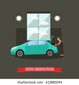Auto inspection concept vector illustration. Mechanic young man carrying out car check. Auto service, auto repair shop flat style design.
