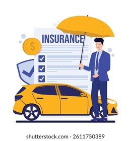 Auto insurance Insurance agent with umbrella and car. Vector illustration in flat style