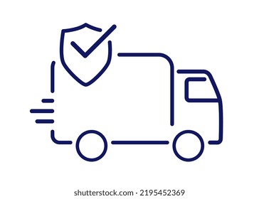 Auto insurance, cargo insurance. Freight transportation, trucking, cargo delivery, editable stroke. The concept of transportation, trucks, reliable delivery. Image of a truck with a shield.