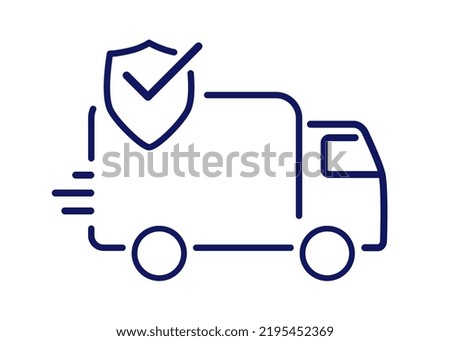 Auto insurance, cargo insurance. Freight transportation, trucking, cargo delivery, editable stroke. The concept of transportation, trucks, reliable delivery. Image of a truck with a shield.