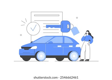 Seguro de auto. Comprar o alquilar un coche y firmar una póliza de seguro de cobertura completa. Concepto de seguridad, asistencia y protección del automóvil. Ilustración vectorial plana de dibujos animados, icono. Elegante