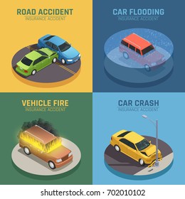 Concepto de seguro automático 4 iconos isométricos cuadrados para daños causados por accidentes de carretera y daños causados por incendios en camiones ilustración vectorial aislada