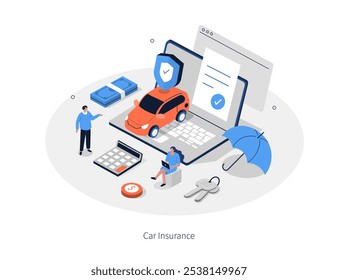 Auto insurance concept. Car with full coverage insurance policy infographic  template. Vehicle protection from damage, traffic collision and other incidents. Flat isometric vector illustration.