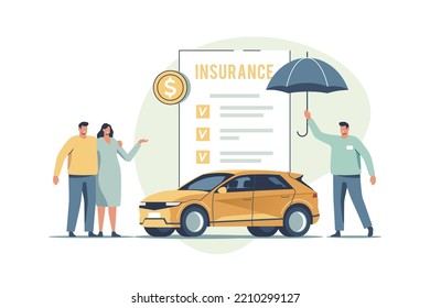 Auto insurance. Concept of car safety, assistance and protection. Couple buying or renting car and signing insurance policy. Vector illustration.