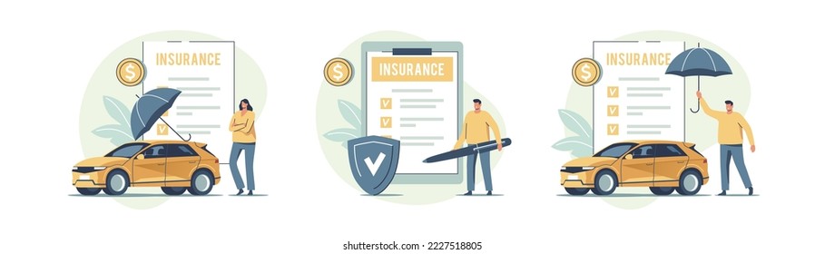 Auto insurance. Concept of car safety, assistance and protection. People buying or renting car and signing insurance policy. Vector illustration.