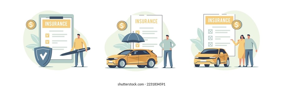 Auto insurance. Concept of car safety, assistance and protection. People buying or renting car and signing insurance policy. Vector illustration.