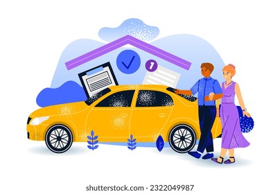 Auto insurance concept. Couple buys or rents car and signs insurance policy. Character take care, protection and safety of their vehicles. Cartoon flat vector illustration isolated on white background