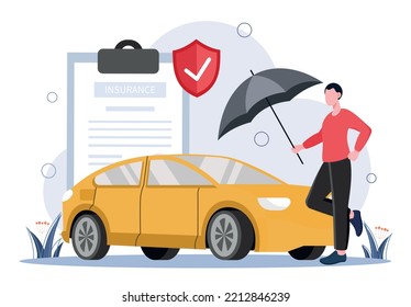 Auto insurance concept. Man with umbrella near contract stands next to vehicle, owner or buyer of yellow car, didller. Advertising poster or banner for website. Cartoon flat vector illustration