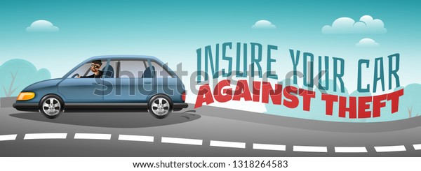 Auto insurance covering theft colorful\
horizontal poster with car speeding down road and warning text\
vector illustration