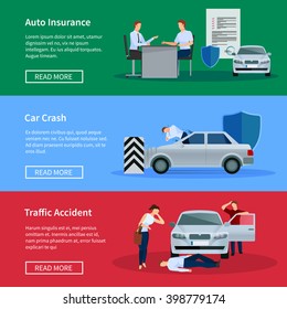 Auto Insurance Horizontal Banner Set With Negotiations Damage From Car Crashes And Traffic Accidents Isolated Vector Illustration 