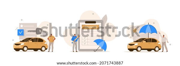 Auto\
insurance illustration set. Character buying or renting car and\
signing full coverage insurance policy. Car safety, assistance and\
protection concept concept. Vector\
illustration.\
