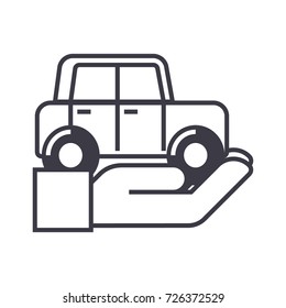 auto insurance,car in hand vector line icon, sign, illustration on background, editable strokes