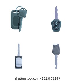 Iconos de clave automática establecidos Vector de dibujos animados. Electrónica frente de la llave del coche y sistema de alarma. Dispositivo de coche