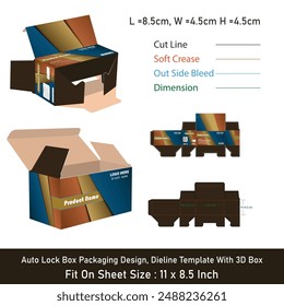 Auto Lock Box Packaging Design, Dieline Template With 3D Box