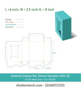 Auto lock display box dieline template and 3D, vector file