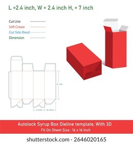Auto lock Syrup Box Dieline template, With 3D