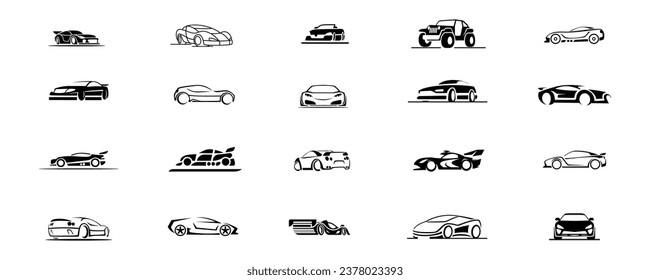 Logo automático. Silueta negra del auto. Compañía de estacionamiento. Símbolos de conducción de superautos. Servicio de reparación. Taller de transporte automotriz. Vehículo todoterreno y vehículo de carreras. Contorno al sedán moderno. Carrera de velocidad. Conjunto de iconos del vector