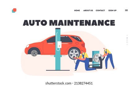 Vorlage für die automatische Landung der Seite. Die Arbeiter wechseln und messen den Druck in Autoreifen in Mechanic Garage. Männliche Charaktere tragen bei der Werkstatt einheitliche Mount-Reifen. Vektorgrafik von Cartoon People