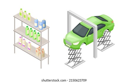 Auto maintenance service. Car lifted on auto lift and tow truck isometric vector illustration